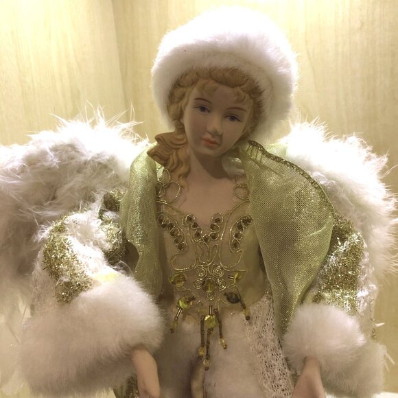 Vintage Porcelain Standing Angel with White Feather Wings & Gold Gown 14 Inches - Picture 2 of 12